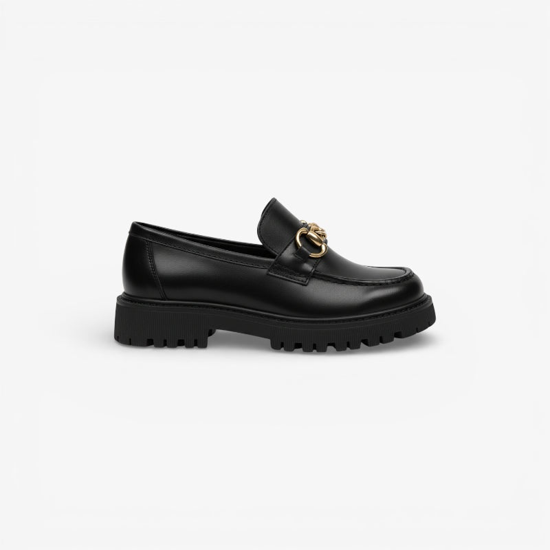 Mocassin pour Femme Plateforme Noir Chaînette Dorée
