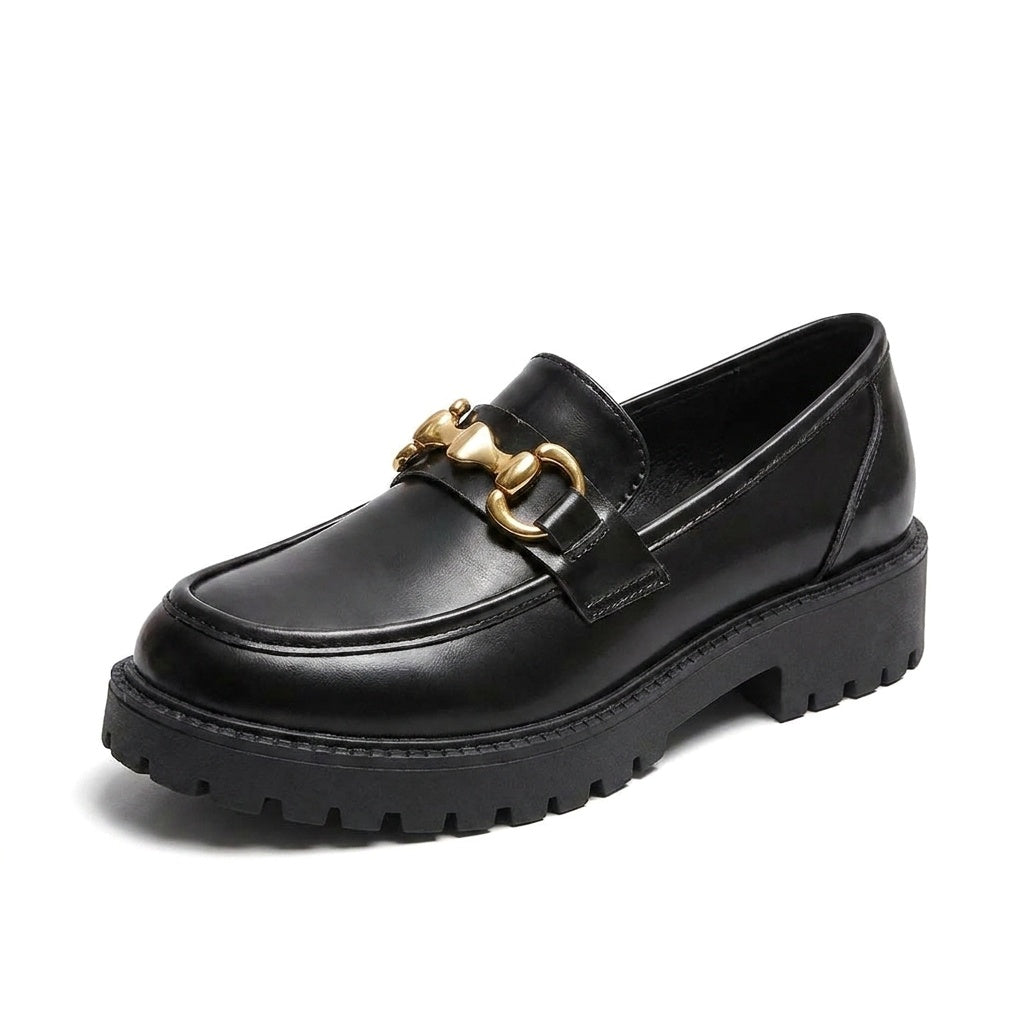 Mocassins pour Femme Noirs à Semelle Épaisse et Chaîne Dorée