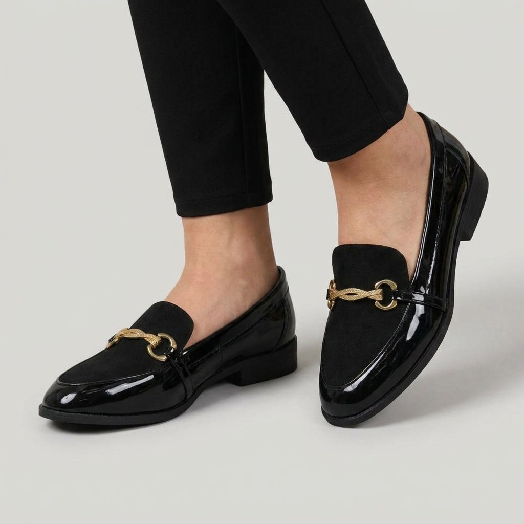 Mocassins Habillés Vernis et Velours à Mors Dorés
